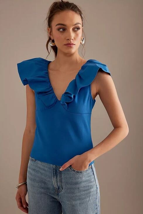 Anthropologie Tops - Anthropologie Dolan Blue Ruffle V Neck Top XL